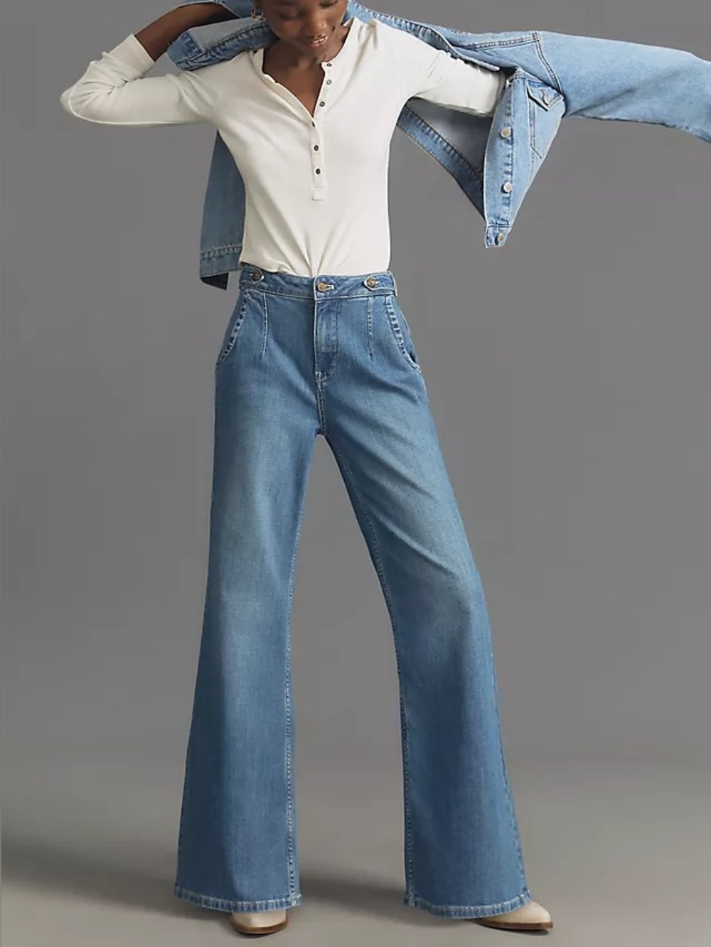 Anthropologie Light Blue Denim Wide-Leg Flare Jeans - Picture 2 of 10